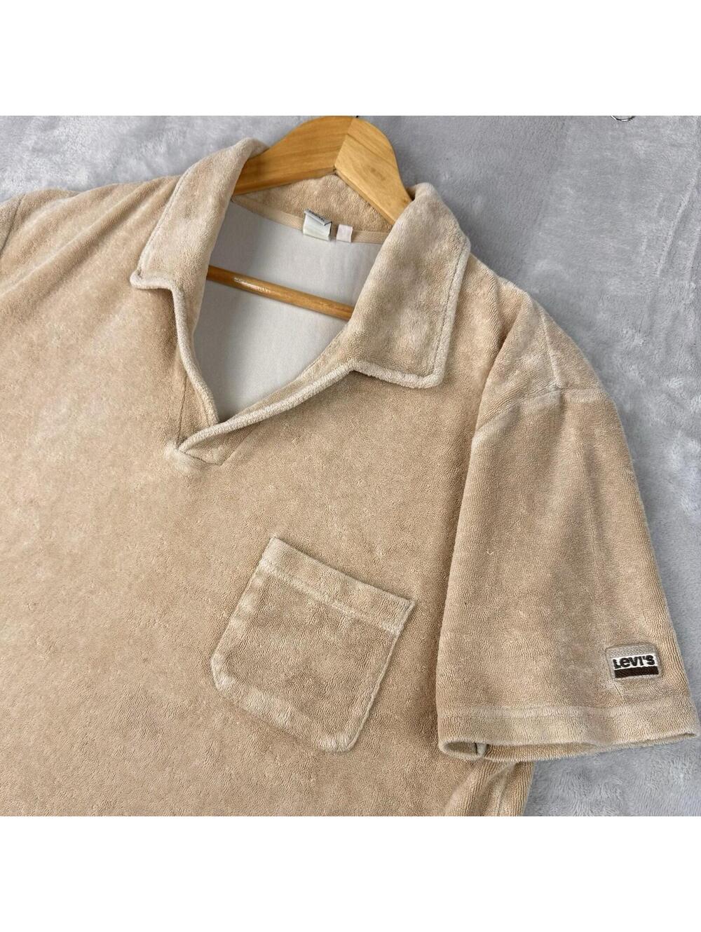 Levis Vintage Terry Cloth Polo Shirt XL Beige Toweling Pocket Casual Retro Y2K